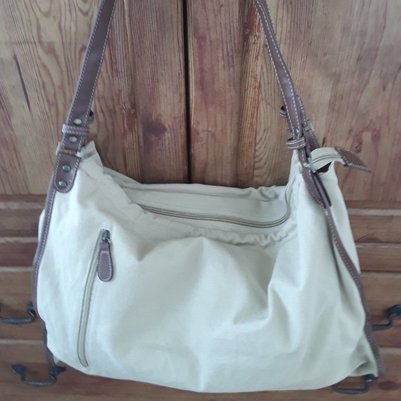Khaki Canvas Large Shoulder Bag - Picture 3 of 6